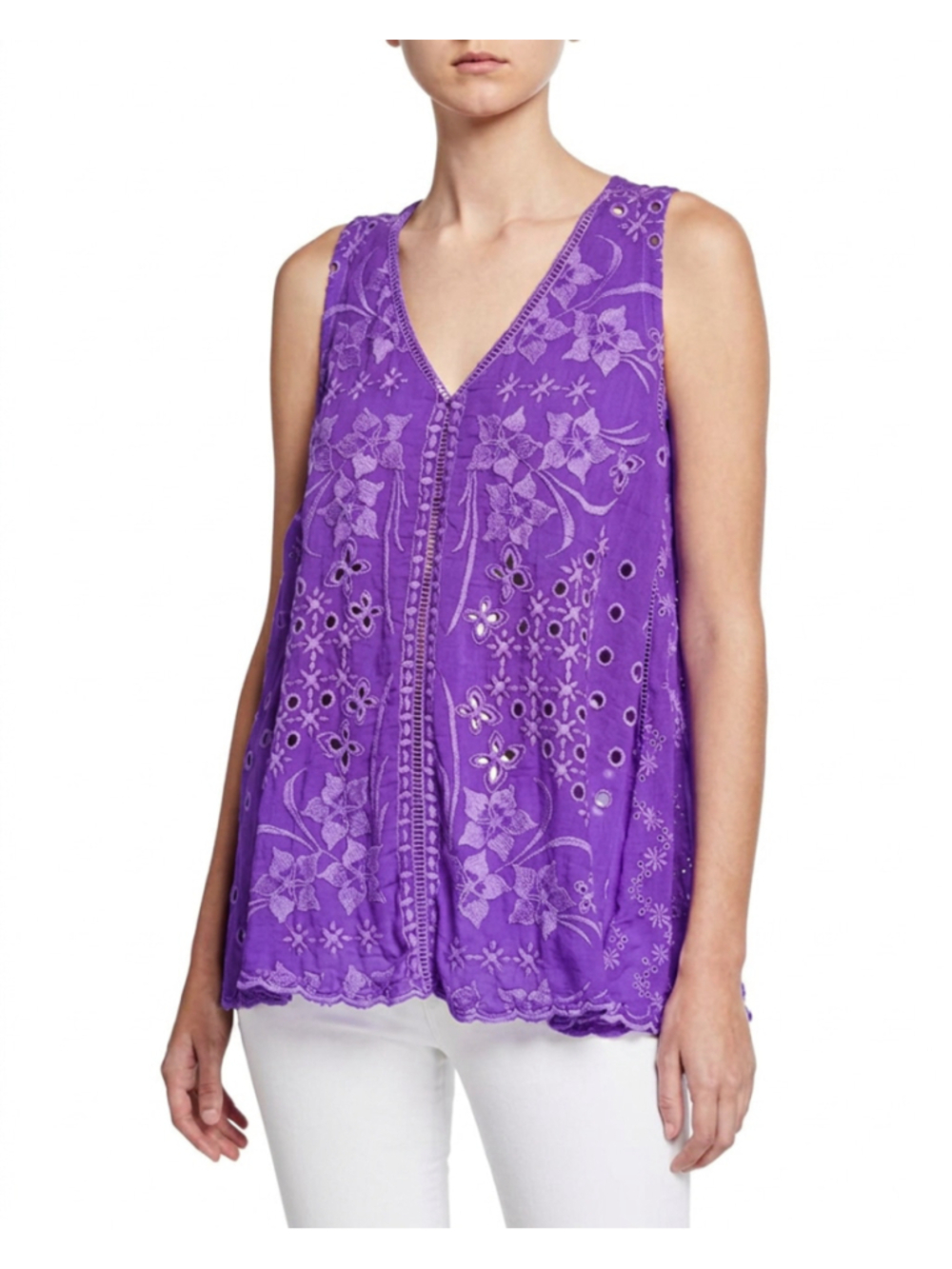 Johnny Was Louie Purple Embroidered Eyelet Cutwork Tunic Tank Top Small Boho